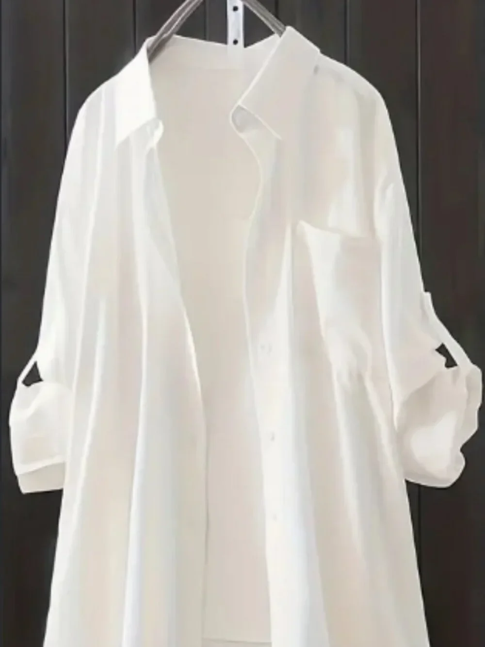 Women's White Solid Patch Pocket Long Sleeve Button Front Shirt Casual Blouse